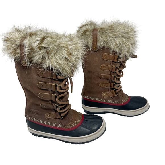 Sorel Joan of Arctic Boots Brown Leather Suede Faux Fur Trim Waterproof Size 7 - Picture 1 of 7